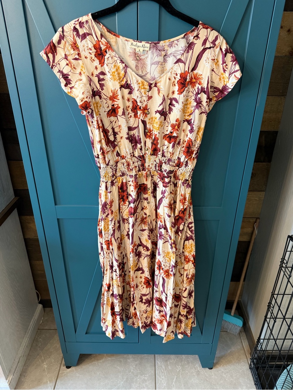T.J.Maxx Cream Midi Dress with Orange and Purple Floral Print